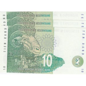 South Africa, 10 Rand, 1999, UNC, p123b, Consecutive serial numbers, total 3 banknotes