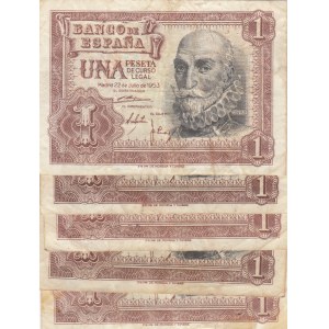 Spain, 1 Peseta, 1953, FINE, p144a, Total 5 banknotes