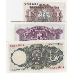 Spain, 1 Peseta and 5 Pesetas, 1935/1953, UNC,  (Total 3 banknotes)