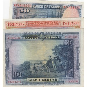Spain, 50 Pesetas and 100 Pesetas (2), 1925/1928, XF / AUNC, p75, p69, p76, (Total 3 banknotes)