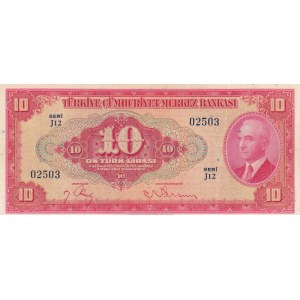 Turkey, 10 Lira , 1947, XF, p147,