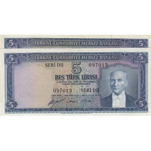 Turkey, 5 Lira, 1952, AUNC, p154, (Total 2 consecutive banknotes)
