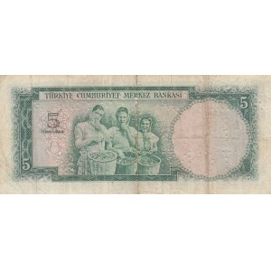 Turkey, 5 Lira, 1959, FINE, p155f, CANCELLED