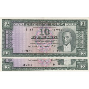 Turkey, 10 Lira , 1963, XF, p161, (Total 2 consecutive banknotes)