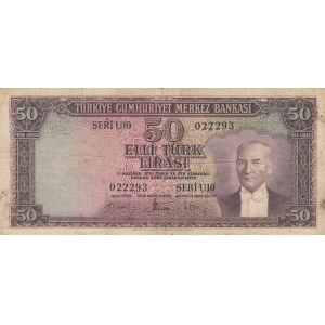 Turkey, 50 Lira, 1957, FINE, p165,