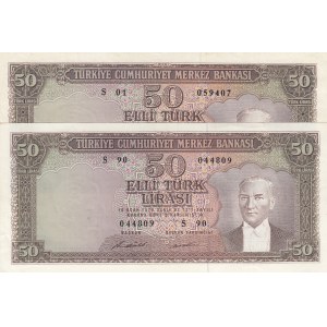 Turkey, 50 Lira, 1971, XF, p187A, total 2 adet banknot