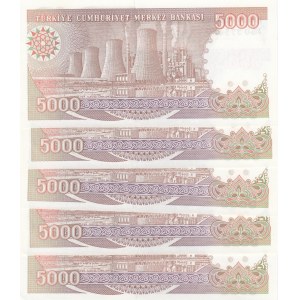 Turkey, 5.000 Lira, 1990, UNC, p198, (Total 5 consecutive banknotes)