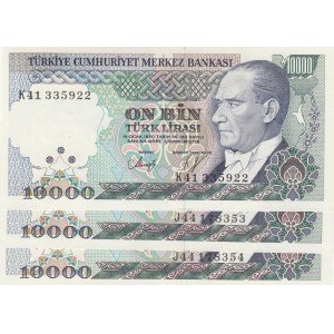 Turkey, 10.000 Lira, 1993, UNC, p200, total 3 banknotes