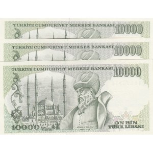 Turkey, 10.000 Lira, 1993, UNC, p200, total 3 banknotes