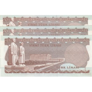 Turkey, 20 Lira, 1988, UNC, p201, (Total 3 banknotes)