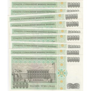 Turkey, 50.000 Lİra, 1995, AUNC, p204, (Total 9 consecutive banknotes)