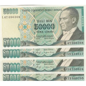 Turkey, 50.000 Lira, 1989/1995, Different conditions between UNC and AUNC, p203/204, total 4 banknotes