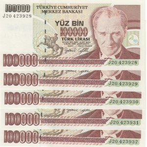 Turkey, 100.000 Lira, 1996, UNC, p205c, (Total 5 consecutive banknotes)