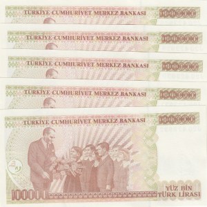 Turkey, 100.000 Lira, 1996, UNC, p205c, (Total 5 consecutive banknotes)