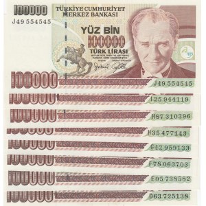 Turkey, 100.000 Lira, 1994/1996, UNC, p205b, p205c, (Total 8 banknotes)