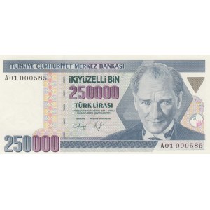 Turkey, 250.000 Lira, 1992, UNC, p207, A01 First prefix and low serial number