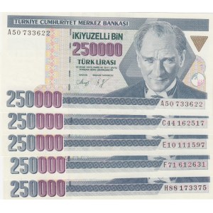 Turkey, 250.000 Lira, 1992/1998, UNC, p207, p211, (Total 5 banknotes)