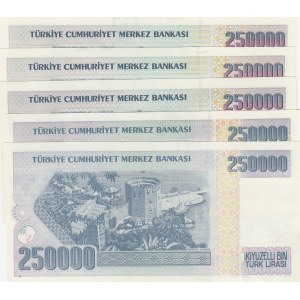 Turkey, 250.000 Lira, 1992/1998, UNC, p207, p211, (Total 5 banknotes)