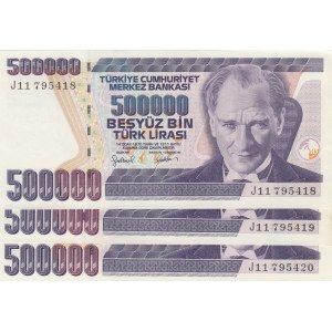 Turkey, 500.000 Lira, 1997, AUNC, p212, total 3 banknotes