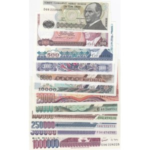 Turkey, 10 Lira, 100 Lira, 500 Lira, 1.000 Lira, 5.000 Lira, 10.000 Lira, 20.000 Lira, 50.000 Lira, 100.000 Lira, 250.000 Lira, 500.000 Lira and 1.000.000 Lira, 1982/2002, UNC,  (Total 12 banknotes)