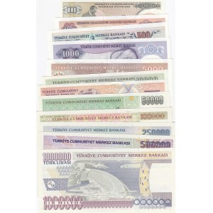 Turkey, 10 Lira, 100 Lira, 500 Lira, 1.000 Lira, 5.000 Lira, 10.000 Lira, 20.000 Lira, 50.000 Lira, 100.000 Lira, 250.000 Lira, 500.000 Lira and 1.000.000 Lira, 1982/2002, UNC,  (Total 12 banknotes)