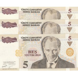 Turkey, 5 New Turkish Lira, 2005, UNC, p217, (Total 3 banknotes)