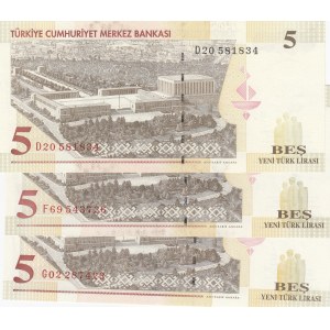 Turkey, 5 New Turkish Lira, 2005, UNC, p217, (Total 3 banknotes)