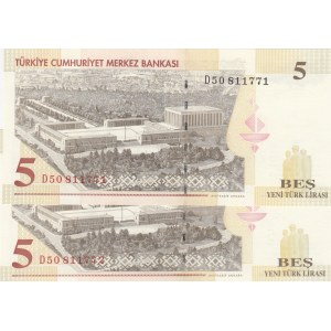 Turkey, 5 New Turkish Lira, 2005, AUNC, p217, (Total 2 consecutive banknotes)