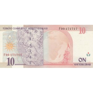 Turkey, 10 New Turkish Lira, 2005, UNC, p218, F90 last prefix and repeating serial number