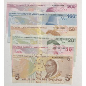 Turkey, 5 Lira, 10 Lira, 20 Lira, 50 Lira, 100 Lira and 200 Lira, 2009, UNC,  FOLDER, (Total 6 banknotes)