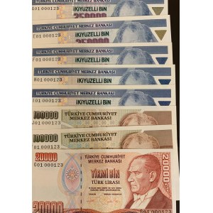 Turkey, 20.000 Lira, 100.000 Lira (2), 250.000 Lira (5), 500.000 Lira (5), 1.000.000 (11), 5.000.000 (6), 20.000.000 (10) and 10.000.000 (8),  UNC,  A total of 48 lots of banknotes with the serial number 000123, all of which are the first prefix