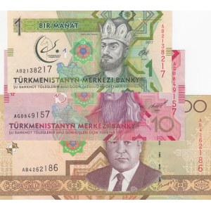 Turkmenistan, 1/10 /500 Manat, 2005,2012,2017, UNC, p19,p31,p36, 3 Different banknotes