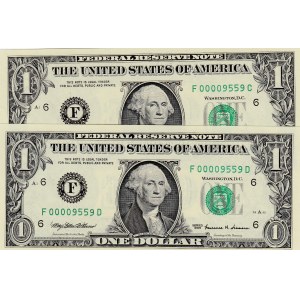 United States of America, 1 Dollar, 1999, UNC, p504, TWİN NUMBERS, (Total 2 banknotes)