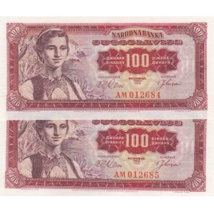 Yugoslavia, 100 Dinara, 1963, UNC, p73, (Total 2 consecutive banknotes)