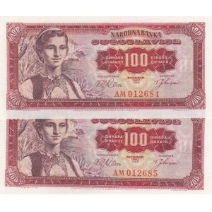 Yugoslavia, 100 Dinara, 1963, UNC, p73, (Total 2 consecutive banknotes)