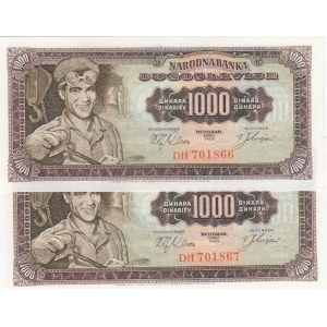 Yugoslavia, 1.000 Dinara, 1963, UNC, p75, (Total 2 consecutive banknotes)