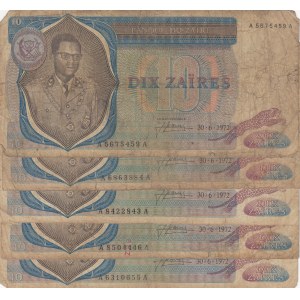 Zaire, 10 Zaires, 1972, POOR, p23a, (Total 5 banknotes)