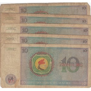 Zaire, 10 Zaires, 1972, POOR, p23a, (Total 5 banknotes)