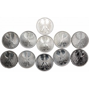 Niemcy, Zestaw 5 marek 1968-1974 (11szt) srebro