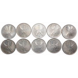 Germany, lot of 10 silver 5 mark 196-1967