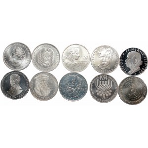 Niemcy, Zestaw 5 marek 1966-1975 okolicznościowe (10szt) srebro
