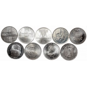Germany, lot of 9 silver 5 mark 1966-1975