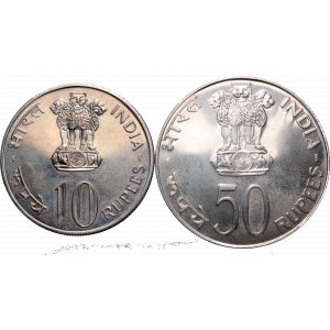 India, Lot 10 and 50 rupee 1974 Food for all, CuNi and silver