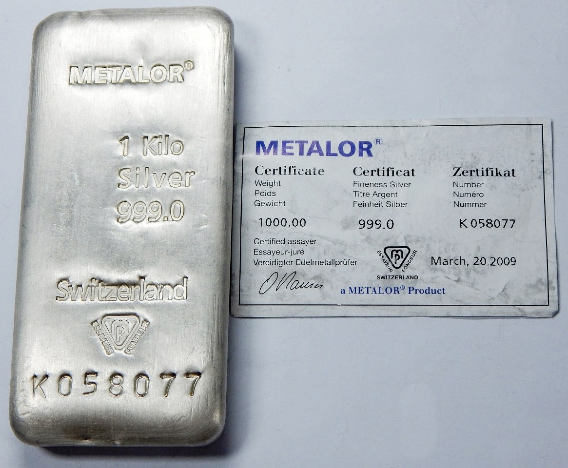 Metalowa Sztabka Nie Była Naelektryzowana Sztabka 1 kilo czystego srebra METALOR + certyfikat