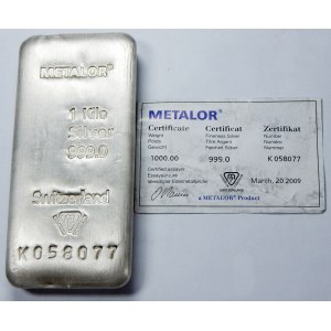Sztabka 1 kilo czystego srebra METALOR + certyfikat