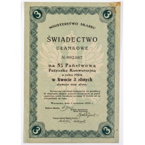 ŚWIADECTWO UŁAMKOWE, 3 zł, 1924