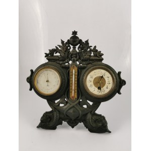 Barometr, termometr, zegar w oprawie eklektycznej żeliwnej