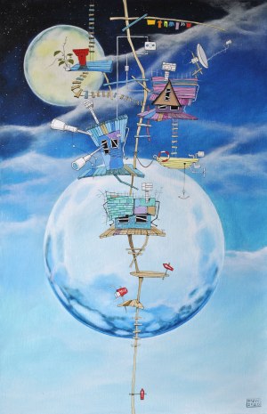 Dariusz Franciszek Różyc, Niebieski pejzaż z żółtą łódką i roślinką, z cyklu 