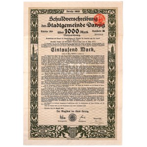 Gdańsk, Magistrat der Stadt Danzig, 4% pożyczka 1919, obligacja 1.000 marek - RZADKOŚĆ