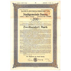 Gdańsk, Magistrat der Stadt Danzig, pożyczka 1904, 2 emisja, obligacja 200 marek - RZADKOŚĆ